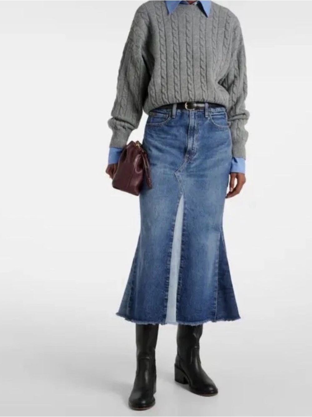 Ralph Lauren Blue Denim Flare Midi Skirt with slit